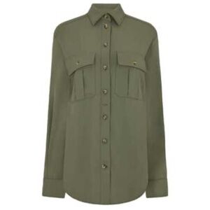 Olive Lyocell Utility Button Down Top Soft Draped Safari Blouse Gianni Bini M